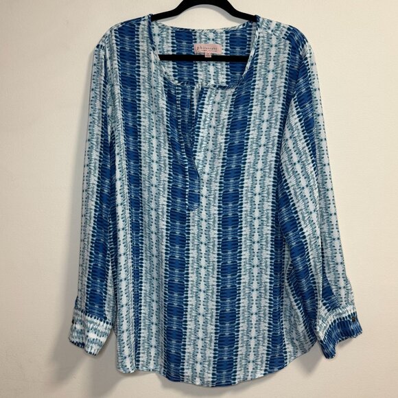 Philosophy Woman Blue/Teal Tie Dye Striped Tunic Pullover Long Sleeve Blouse Top - Picture 1 of 6
